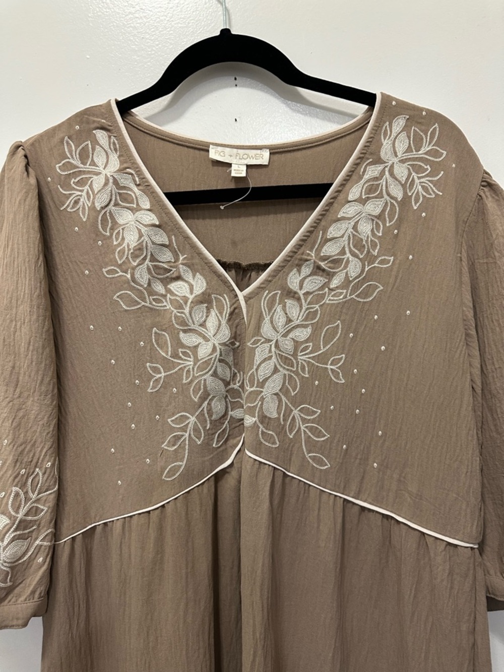 NEW!Figueroa & Flower Embroidered V-Neck Boho Peasant Midi Dress - Beige Sz L - Picture 5 of 8
